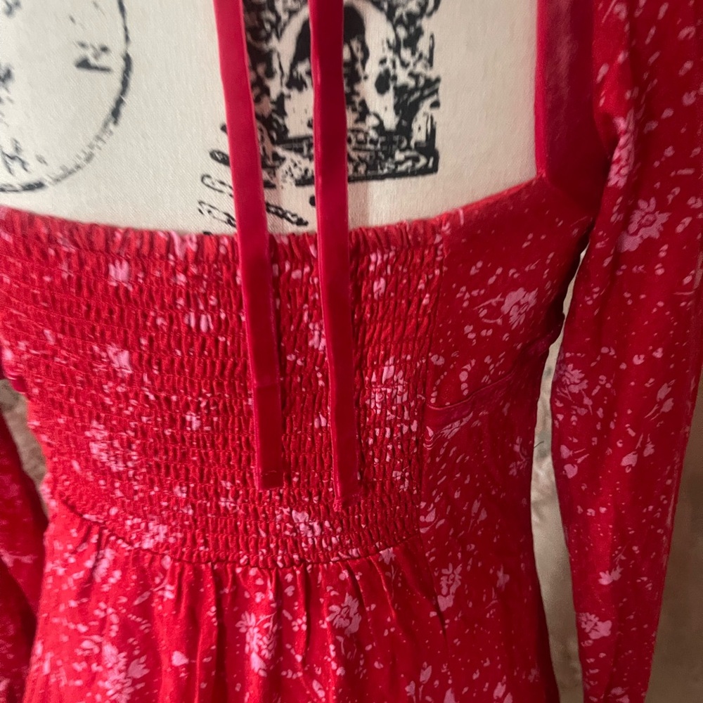 FREE PEOPLE TESS RED FLORAL VELVET LONG SLEEVE MINI DRESS SMALL - Picture 6 of 6